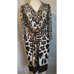 Chicos Dress Size 2 Cheetah Print White & Brown Knee-Length Long Sleeve w/ Belt